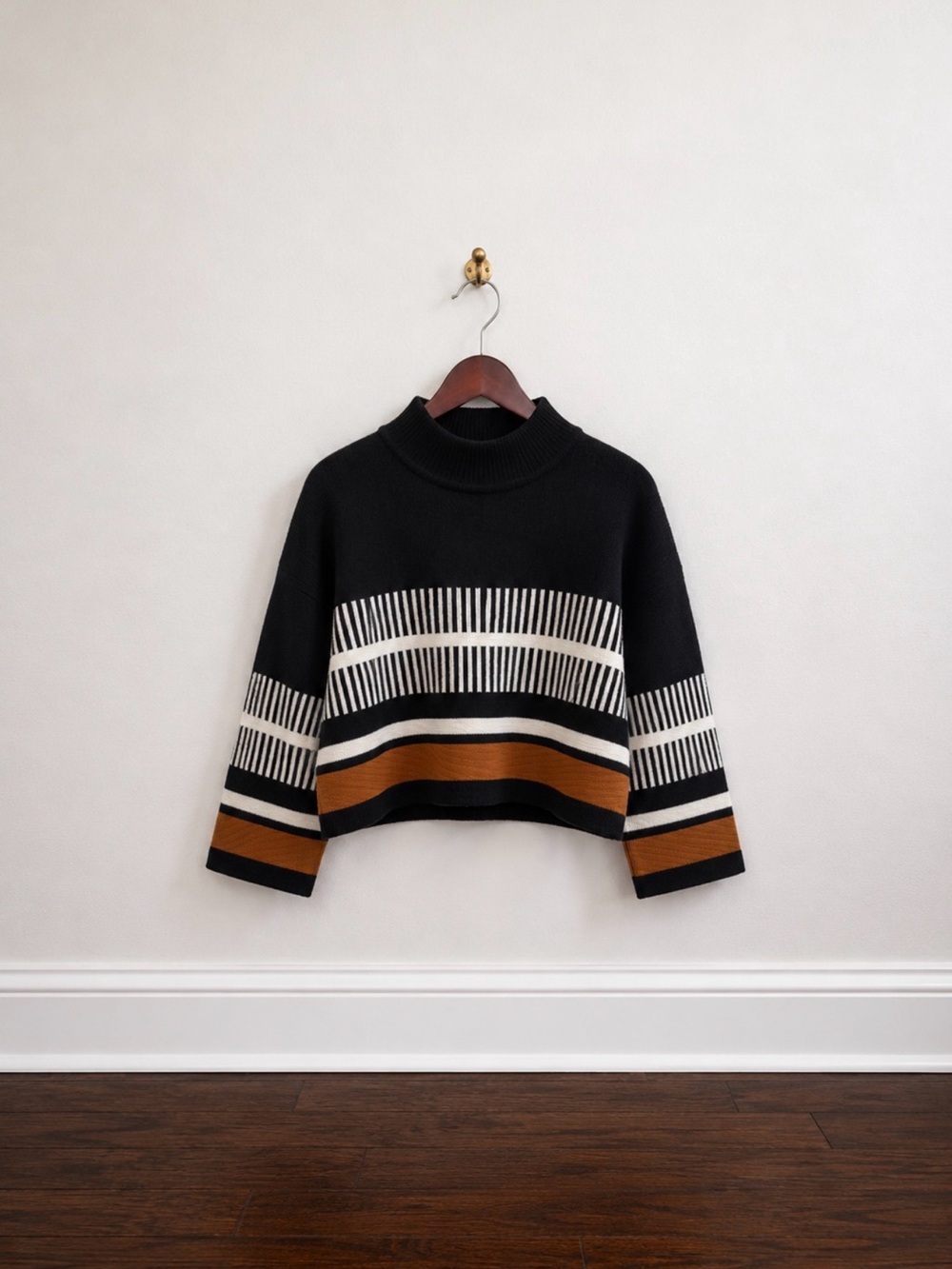 NATIVE YOUTH Black, White & Rust Striped Knit Top